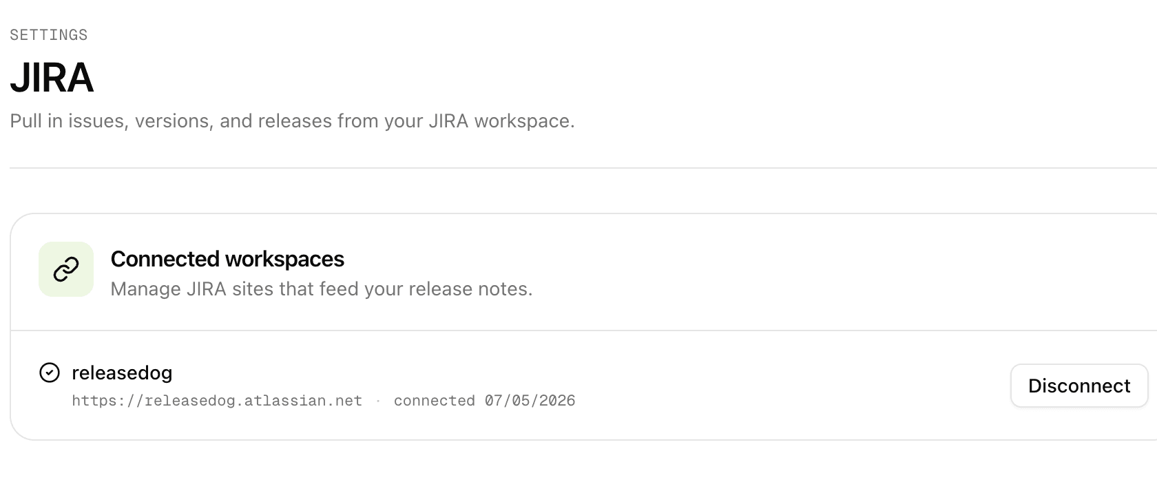 Releasedog Jira settings showing a connected Atlassian workspace