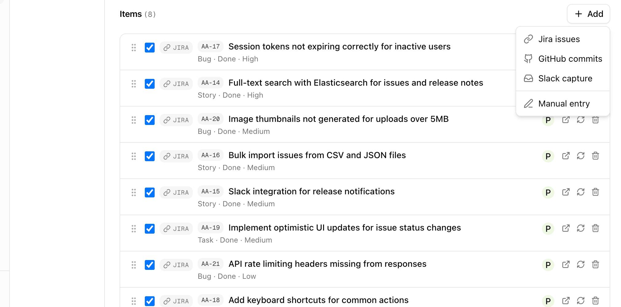 Release editor with imported Jira tickets and a dropdown for adding more sources