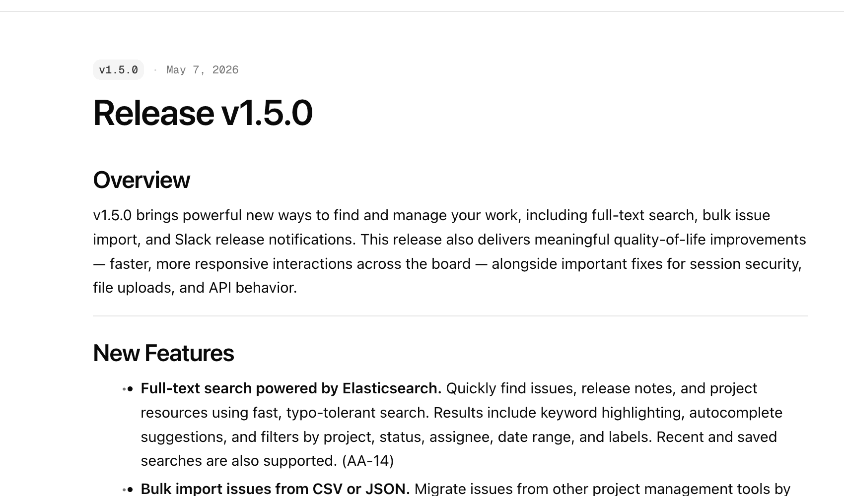 Published changelog page showing release v1.5.0 with overview and feature list